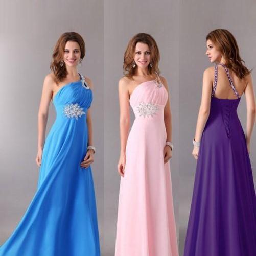Elegant A-Line Floor Length One Shoulder Sleeveless Chiffon Prom Dress